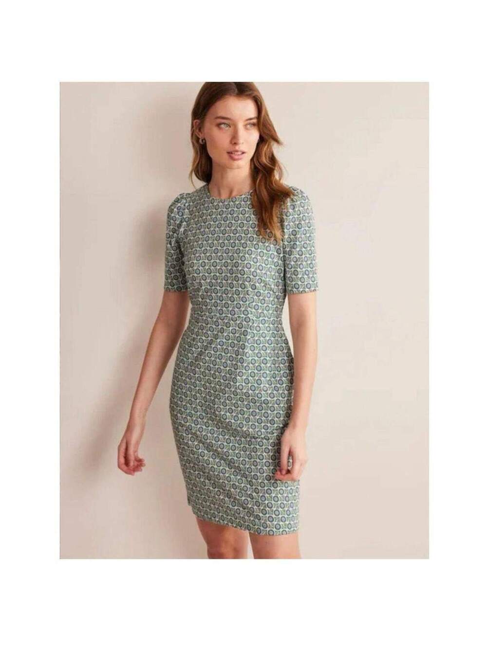 Boden NWOT Women's Zoe Jersey Dress Blue Green Medallion Geo Print Size 10P